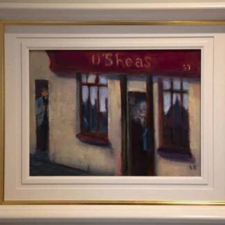 Redemption is at hand Traditional Irish painting of an village pub street scene by Irish artist Sean Mcguire