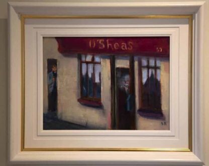 Redemption is at hand Traditional Irish painting of an village pub street scene by Irish artist Sean Mcguire