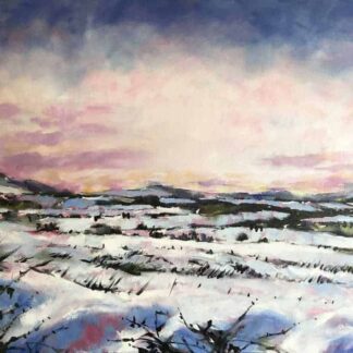 Snowfields Irish landscape painting of a field covered in snow with a dramatic sky