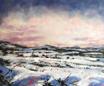 Snowfields Irish landscape painting of a field covered in snow with a dramatic sky