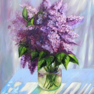 Through the curtains Still life painting of lilac flower in a vase