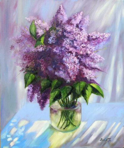 Through the curtains Still life painting of lilac flower in a vase