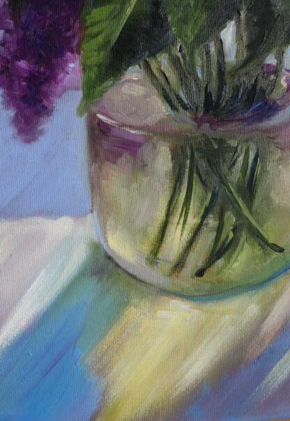 Through the curtains Still life painting of lilac flower in a vase