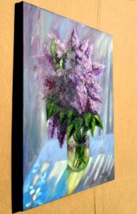 Through the curtains Still life painting of lilac flower in a vase