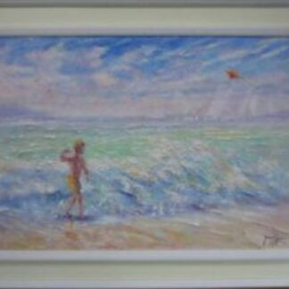 Seascape painting of a child flying a kite with beautiful calm and relaxing colours, sure to bring a sense of relaxation to any room.