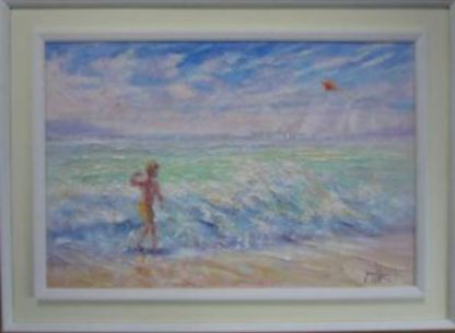 Seascape painting of a child flying a kite with beautiful calm and relaxing colours, sure to bring a sense of relaxation to any room.