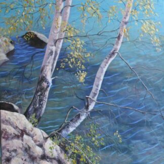 Birches beside the water painting of birds for sale Ireland