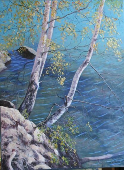 Birches beside the water painting of birds for sale Ireland