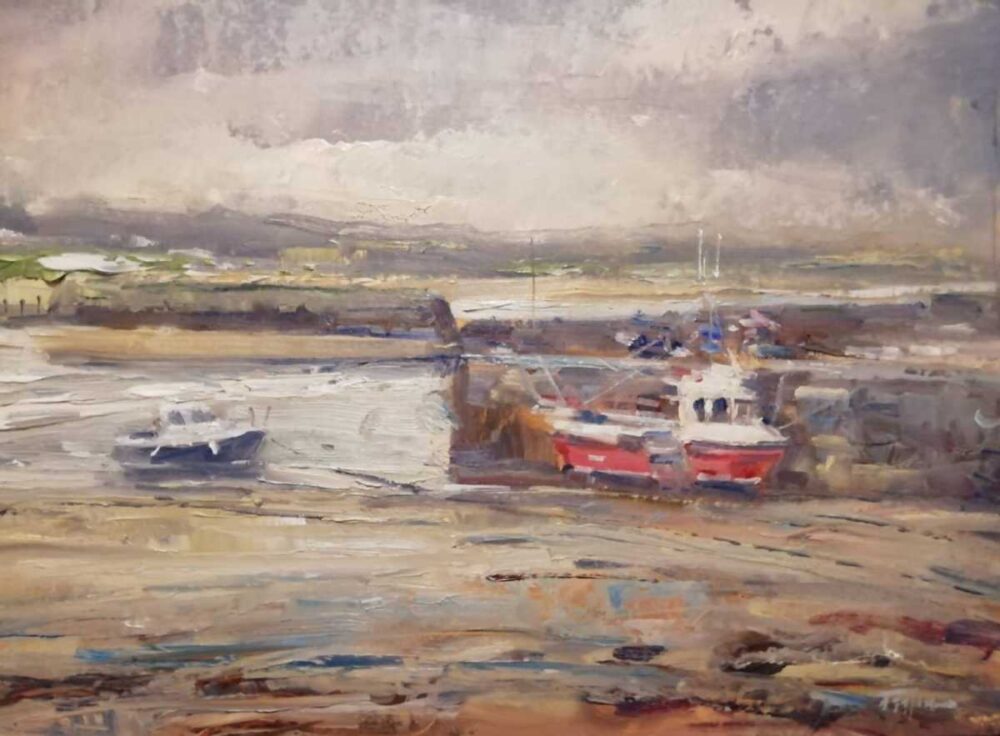 Seascape painting of boats at Rush Harbour in Dublin by Irish artist ...