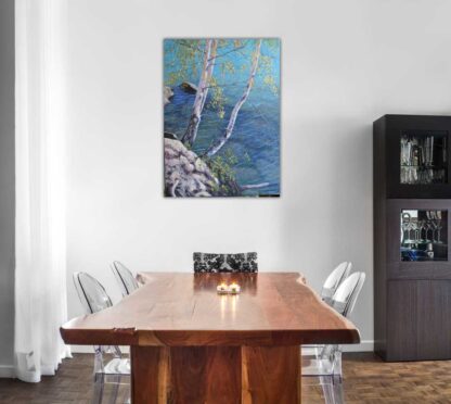 Birches beside the water painting of birds for sale Ireland