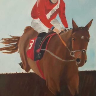 Original equine art for sale. Painting of a horse and jockey. Art for your home or would make a great gift idea