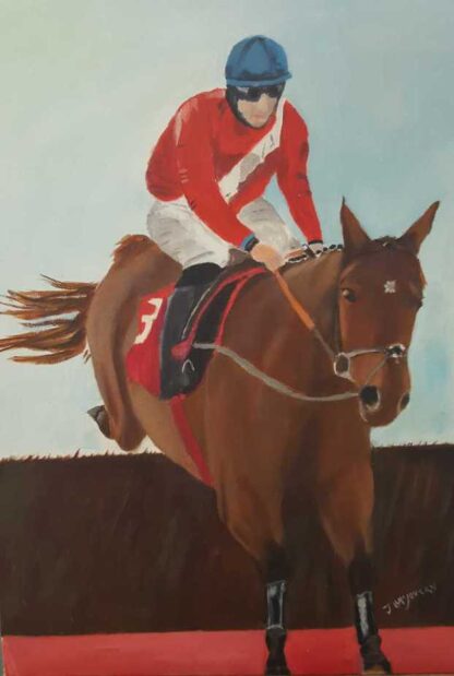 Original equine art for sale. Painting of a horse and jockey. Art for your home or would make a great gift idea