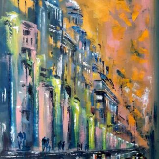 Evening Original oil painting of a street scene abstract style by artist Jelena Straiziene. Wall art for your home.