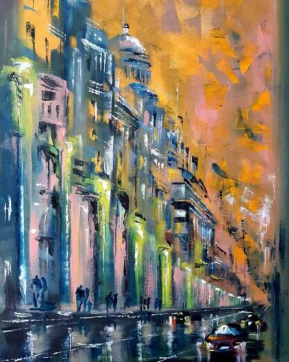 Evening Original oil painting of a street scene abstract style by artist Jelena Straiziene. Wall art for your home.