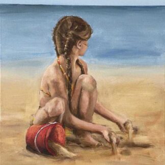 Original painting of a child sitting on the sand looking out at the sea. Painting by Irish artist Bernadette Carter