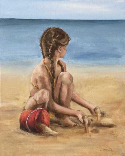 Original painting of a child sitting on the sand looking out at the sea. Painting by Irish artist Bernadette Carter