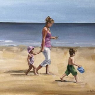 Strolling Painting of a mother and her two children walking along the sea. Gift ideas for family