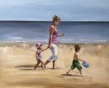 Strolling Painting of a mother and her two children walking along the sea. Gift ideas for family