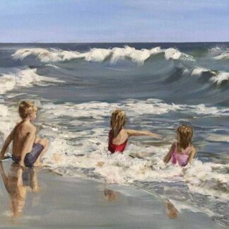 Painting of three children playing in the sea on a summers day. Stunning art of gift ideas for children/ granchildren/ grand parents