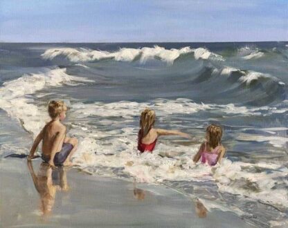 Painting of three children playing in the sea on a summers day. Stunning art of gift ideas for children/ granchildren/ grand parents