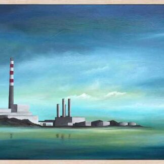 Poolbeg Chimneys The iconic Poolbeg chimney stacks, viewed from Sandymount strand on a calm, early Spring morning. Oil on board, framed in natural wood with a white painted finish and ready to hang.