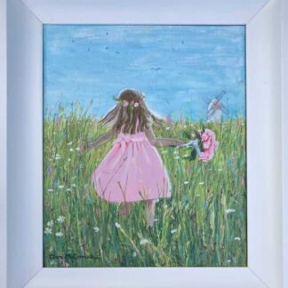 Original painting. A flower girl runs through a field. Painting by Irish artist. Browse a large selection of art for sale here