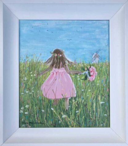 Original painting. A flower girl runs through a field. Painting by Irish artist. Browse a large selection of art for sale here