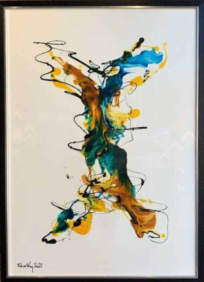 Intertwined Original abstract painting by artist Kevin Sharkey. Stunning colours on a white background, art is framed and ready to hang