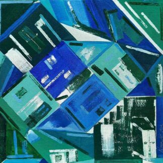 Original abstract architectural painting for sale. Bright blue coloured art for your home. Gift ideas for family and friends