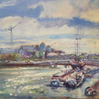 Original painting of the river Liffey at the docklands in Dublin. Stunning Irish art by Irish artist Norman Teeling