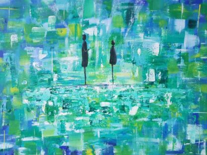 Original abstract figurative art with blue green and yellow colours with two silhouettes. Beautiful art for your home