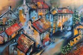 Quiet Evening Original painting of houses on a street. Abstract art by Jelena Straiziene. Quality art for your home for sale in online gallery