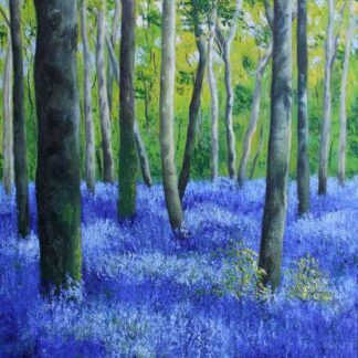 Original painting of bluebells under trees in the forest. Stunning quality art for your home. Gift ideas for someone hard to buy for