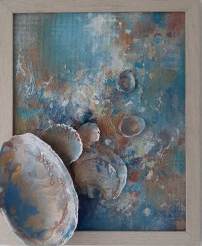 Original abstract seascape painting for sale in online gallery. Art made from using shells and sea sand, beautiful gift idea