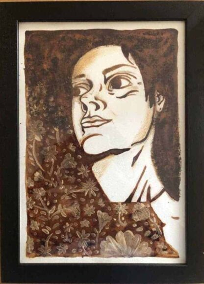 Coffee portrait made with coffee, acrylic and color pencils, to represent origins and the impermanent of the human