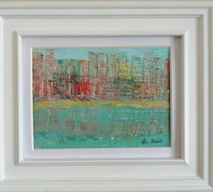 Original abstract cityscape painting for sale in online gallery by Irish artist. Framed art ready to hang in your home