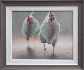 Original painting of two white hens for sale. Art for the home, gift ideas for people who have hens on the farm