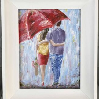 Original romantic painting of a couple under an umbrella. Art for sale in online gallery, gift ideas for husbands, wives, couples