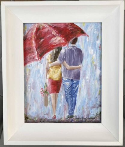 Original romantic painting of a couple under an umbrella. Art for sale in online gallery, gift ideas for husbands, wives, couples