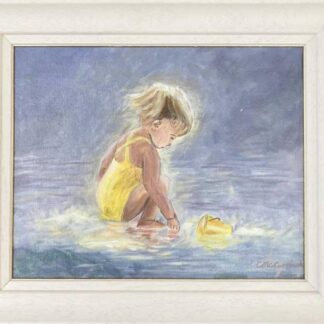 Original painting of a child playing in the water at the beach by Irish artist. Gift ideas for children. Stunning quality art