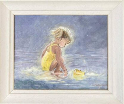 Original painting of a child playing in the water at the beach by Irish artist. Gift ideas for children. Stunning quality art