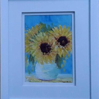 Original painting of sunflowers for sale in online gallery by Irish artist. Framed art ready to hang with free delivery in Ireland.