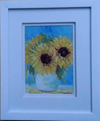 Original painting of sunflowers for sale in online gallery by Irish artist. Framed art ready to hang with free delivery in Ireland.