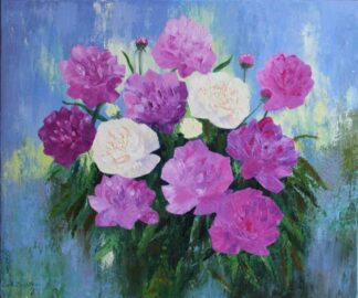 Original floral art for sale. Stunning painting of peonies in online gallery. Art for the home, gift ideas, handmade gifts