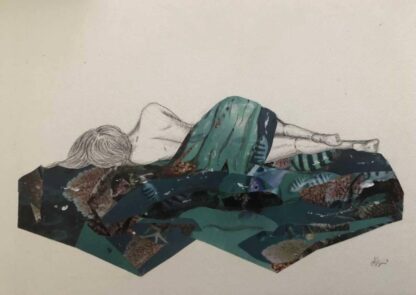 An original piece made with collage and ink in a piece that resonates with the idea of woman as the sea or vice versa.