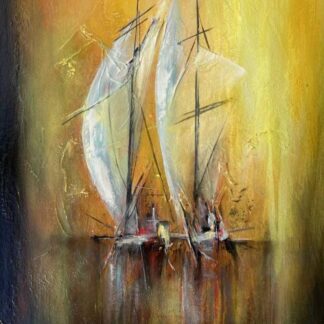 Sailing Boats 2 is a textured abstract oil painting, depicting a pair of sailing boats against a vibrant, colourful sky