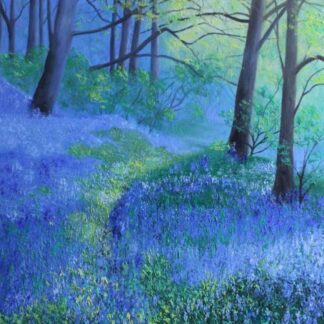 ​​An original oil painting captures a really amazing moment of a meeting of darkness and sunlight in a beautiful bluebells forest.