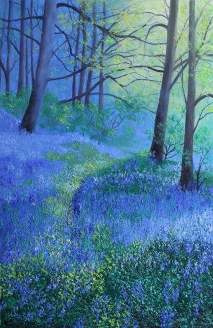 ​​An original oil painting captures a really amazing moment of a meeting of darkness and sunlight in a beautiful bluebells forest.