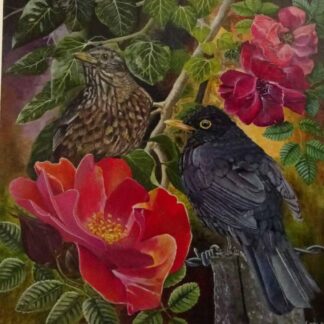 Original painting of blackbirds for sale in online gallery. Art for the home, gift ideas, animals, flowers.