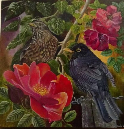 Original painting of blackbirds for sale in online gallery. Art for the home, gift ideas, animals, flowers.